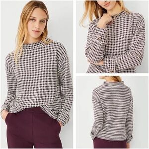Ann Taylor Maroon and White Houndstooth Long Sleeve Button Mock Neck Top